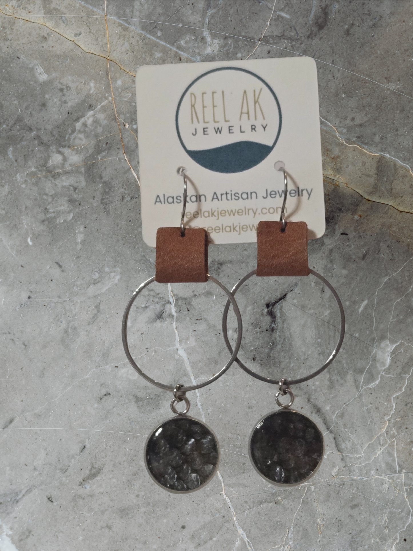 The Sadie-  Our Caribou Leather Rectangle Band and Circle Salmon Earrings - Wholesale
